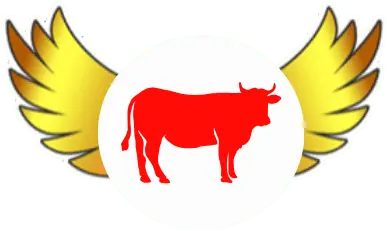 Icon of a red cow silhouette with golden wings, symbolizing quality Halal veal selection