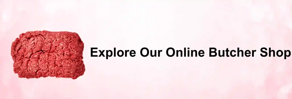 Block of fresh ground beef on a soft pink background inviting you to explore our online butcher shop